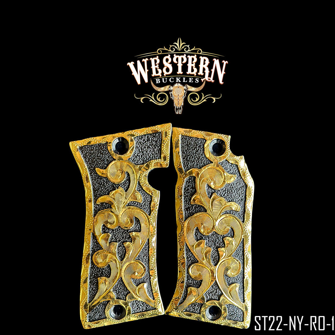 Star Gun Grips — Hand-Engraved | Black Nickel | Handcrafted by Western Buckles | SKU ST22-NY-RO-1