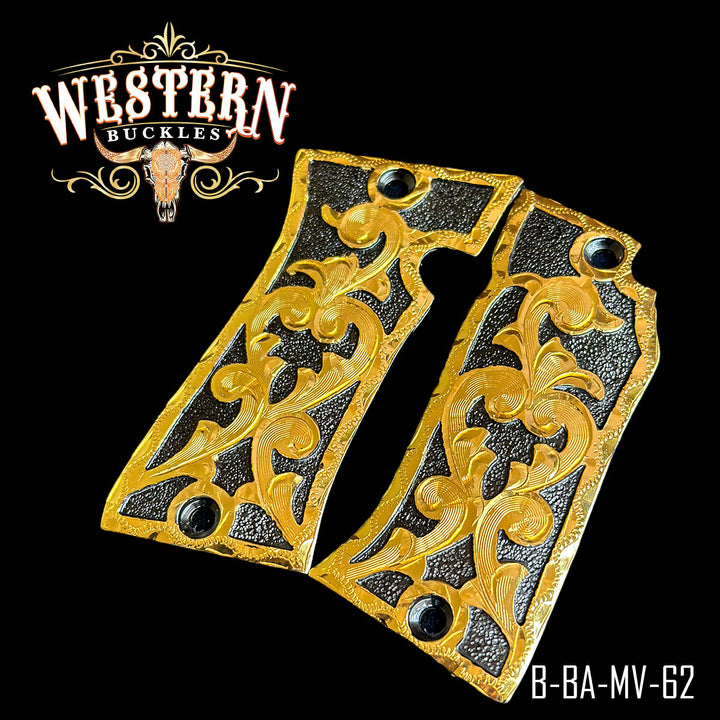 Star Gun Grips — Hand-Engraved | Black Nickel — Detail View | Western Buckles Handcrafted | SKU ST22-NY-RO-1