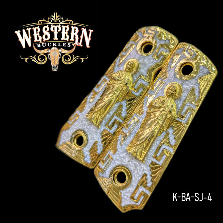 San Judas Custom Grips for the Colt 1911 Compact &amp; Defender — 24K Gold-Plated &amp; Artisan Resin
