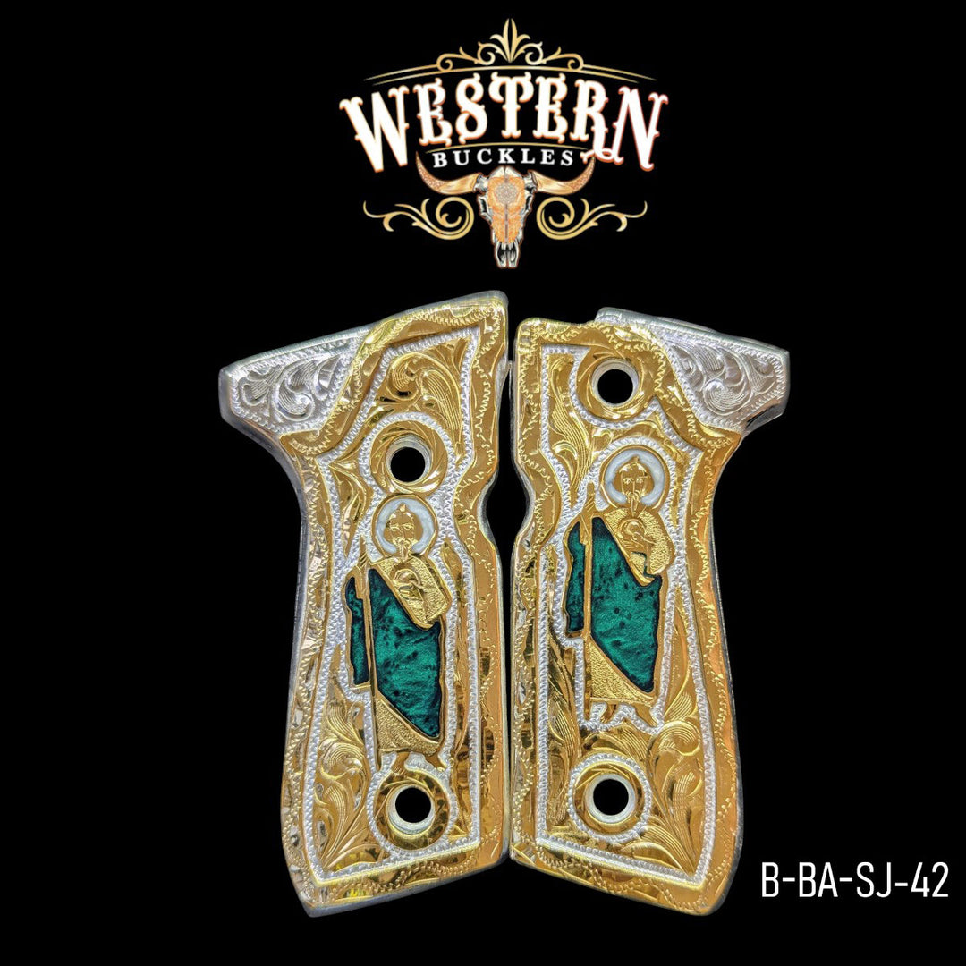 San Judas Custom Grips for Beretta 92FS — 24K Gold-Plated &amp; Silver-Plated with Artisan Resin