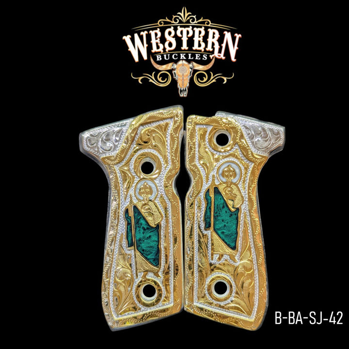 San Judas Custom Grips for Beretta 92FS — 24K Gold-Plated &amp; Silver-Plated with Artisan Resin