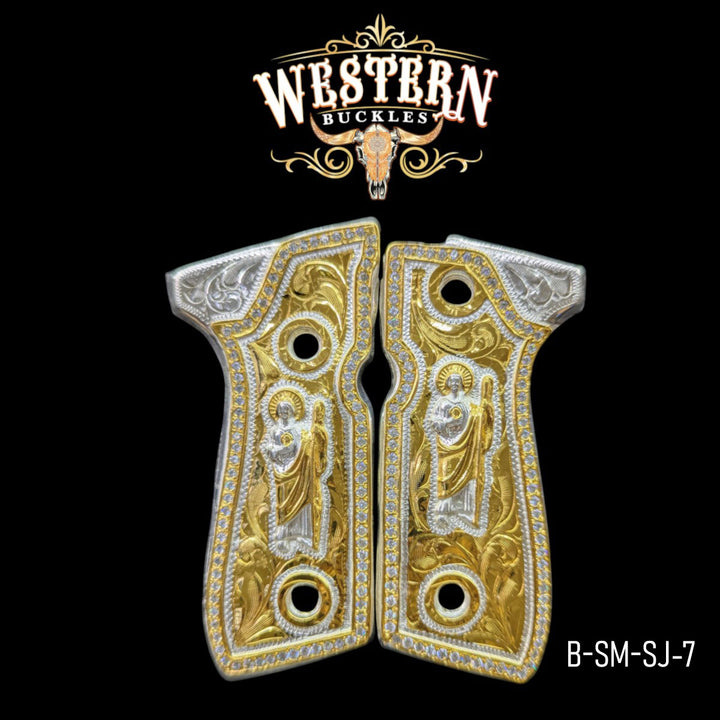 San Judas Custom Grips for Beretta 92FS — 24K Gold-Plated &amp; Silver-Plated with Zirconia Stones
