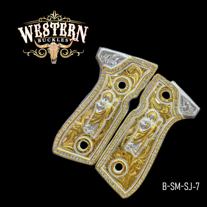 San Judas Custom Grips for Beretta 92FS — 24K Gold-Plated &amp; Silver-Plated with Zirconia Stones