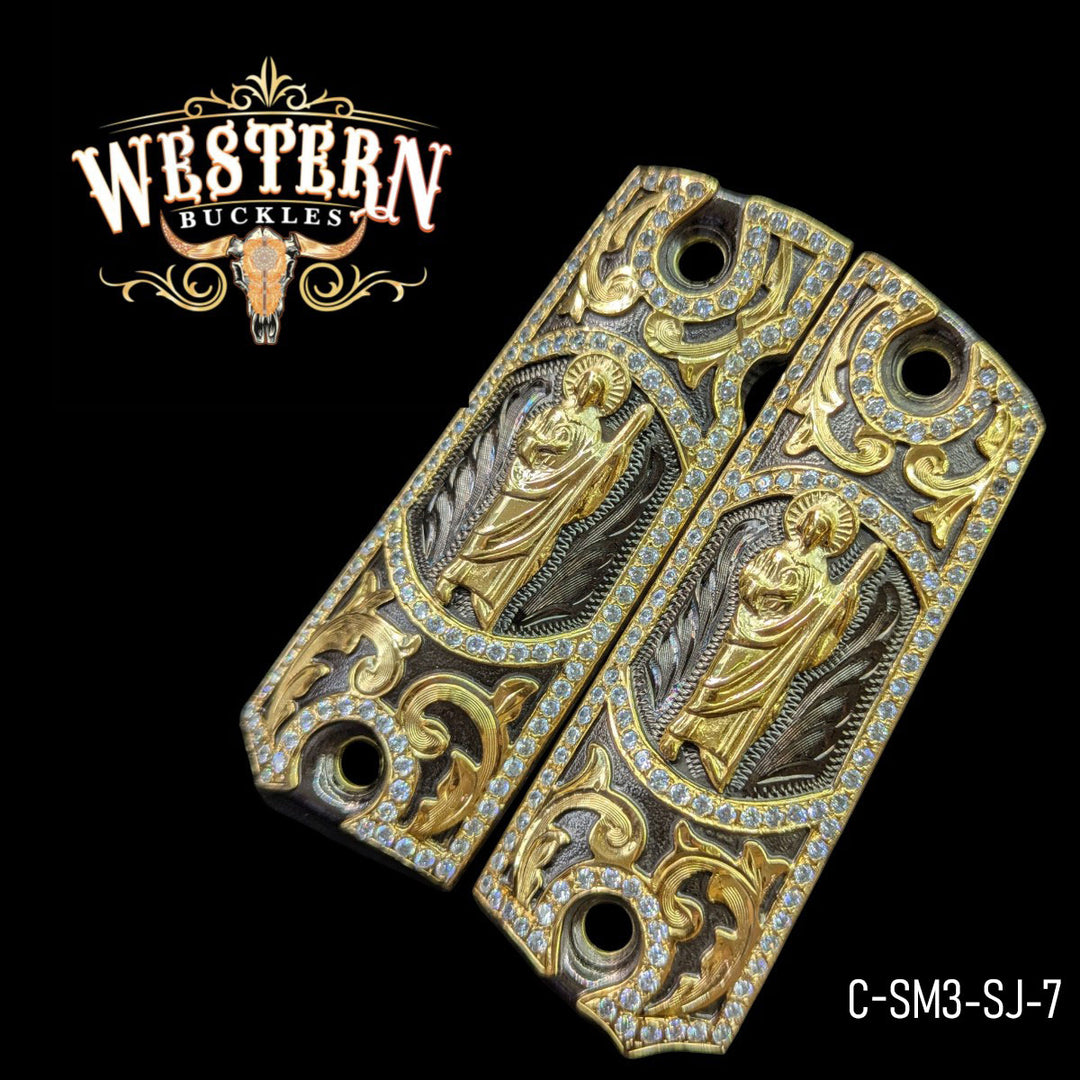 San Judas Custom Grips for Colt 1911 Full-Size — 24K Gold-Plated &amp; Black Nickel with Zirconia Stones