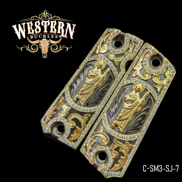 San Judas Custom Grips for Colt 1911 Full-Size — 24K Gold-Plated &amp; Black Nickel with Zirconia Stones
