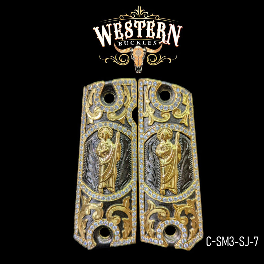 San Judas Custom Grips for Colt 1911 Full-Size — 24K Gold-Plated & Black Nickel with Zirconia Stones