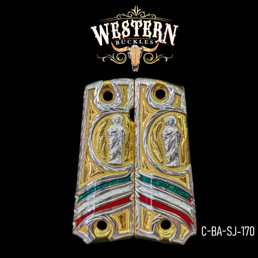 San Judas Custom Grips for Colt 1911 Full-Size — 24K Gold-Plated & Silver-Plated