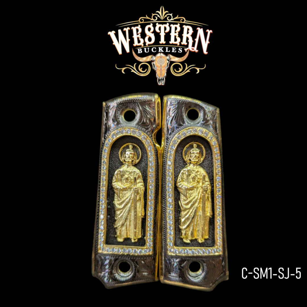 San Judas Custom Grips for Colt 1911 Full-Size — 24K Gold-Plated with Zirconia Stones