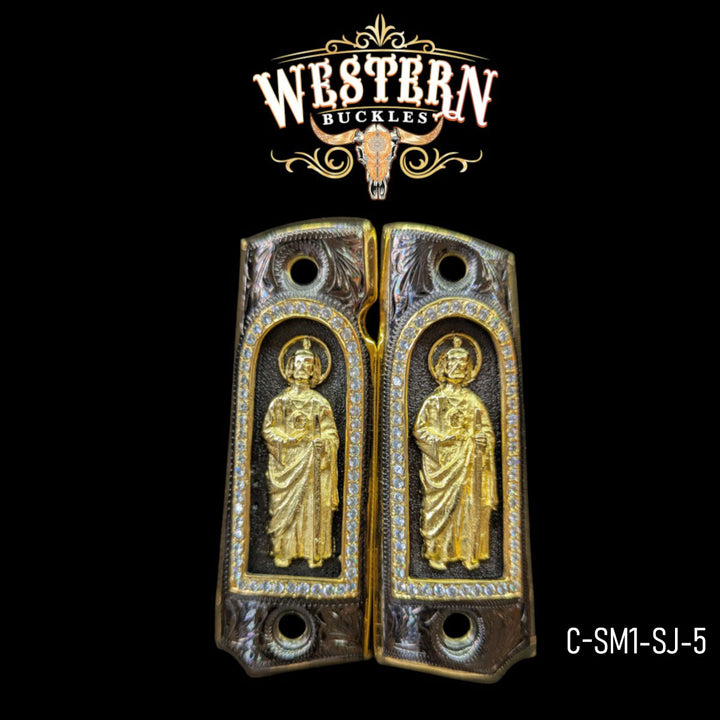 San Judas Custom Grips for Colt 1911 Full-Size — 24K Gold-Plated with Zirconia Stones