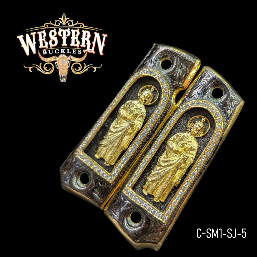 San Judas Custom Grips for Colt 1911 Full-Size — 24K Gold-Plated with Zirconia Stones