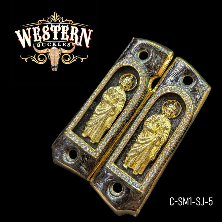 San Judas Custom Grips for Colt 1911 Full-Size — 24K Gold-Plated with Zirconia Stones