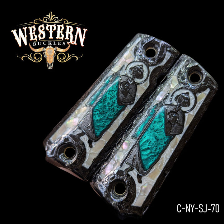 San Judas Custom Grips for Colt 1911 Full-Size — Black Nickel with Mother-of-Pearl &amp; Artisan Resin