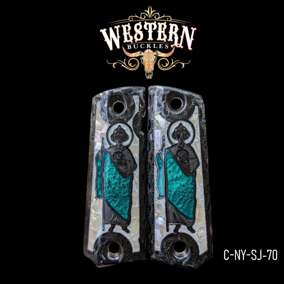 San Judas Custom Grips for Colt 1911 Full-Size — Black Nickel with Mother-of-Pearl & Artisan Resin