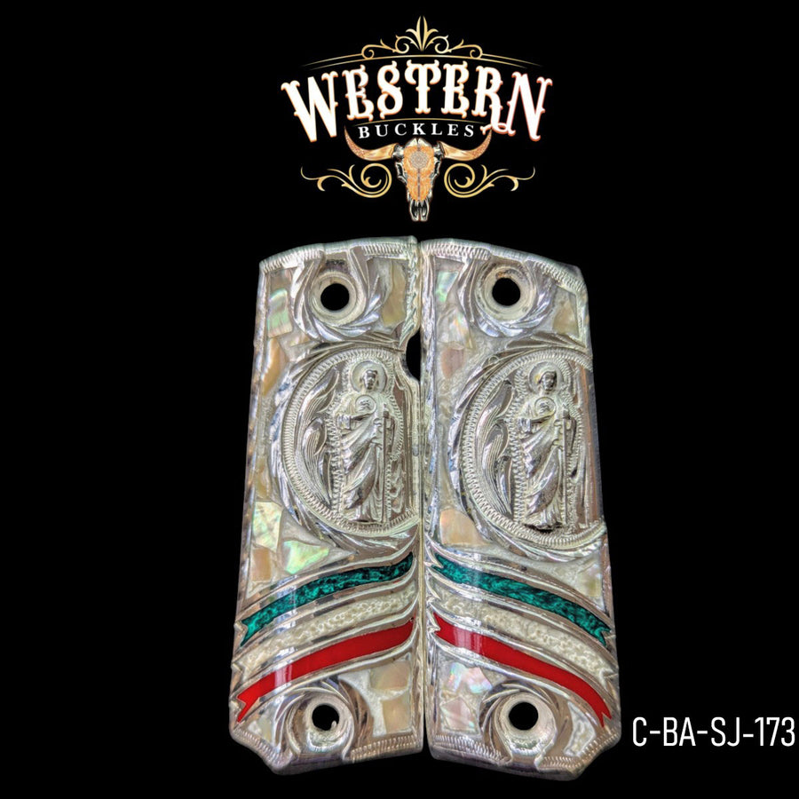 San Judas Custom Grips for Colt 1911 Full-Size — Silver-Plated with Mother-of-Pearl & Artisan Resin