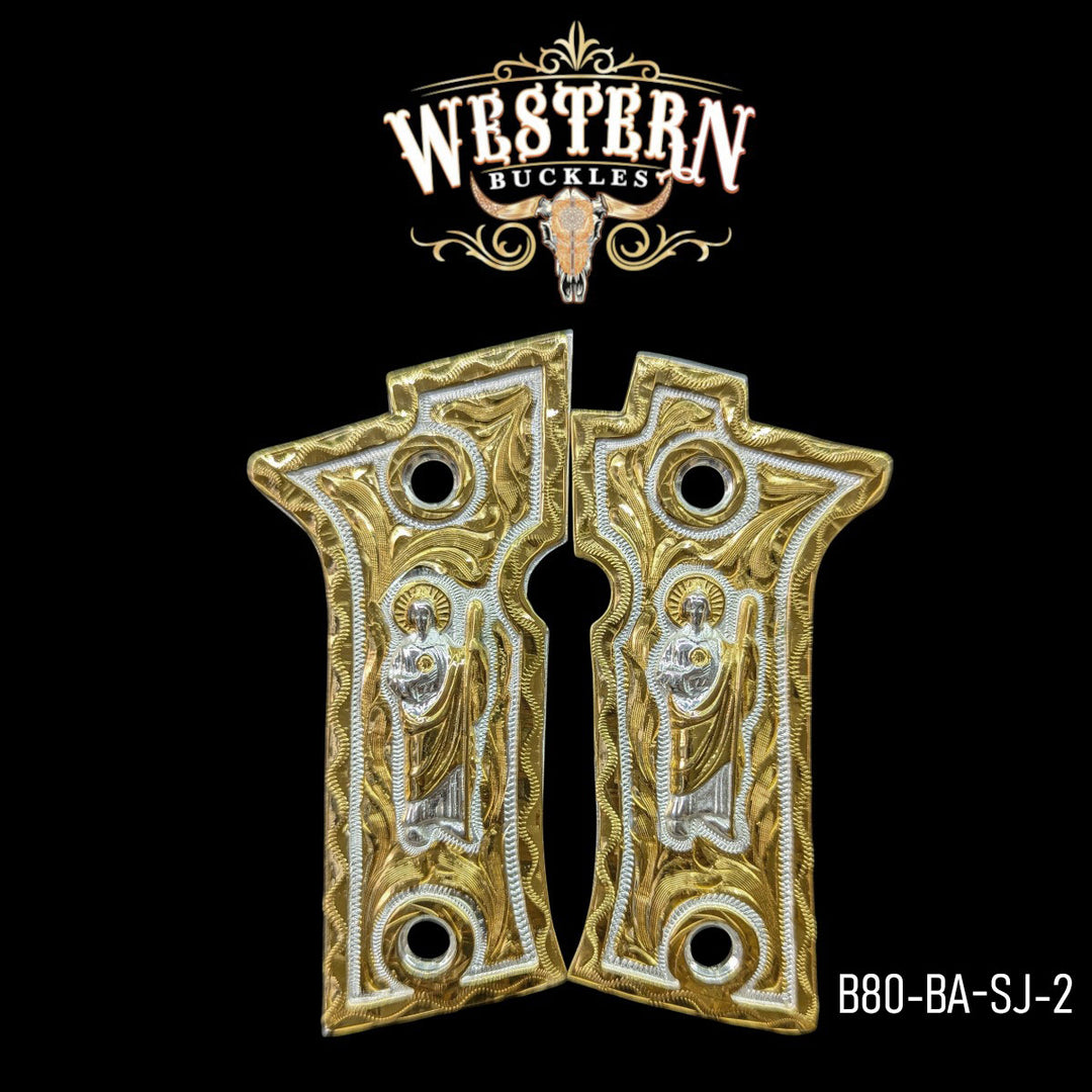 San Judas Custom Grips for the Beretta 80X — 24K Gold-Plated & Artisan Resin & Mother-of-Pearl