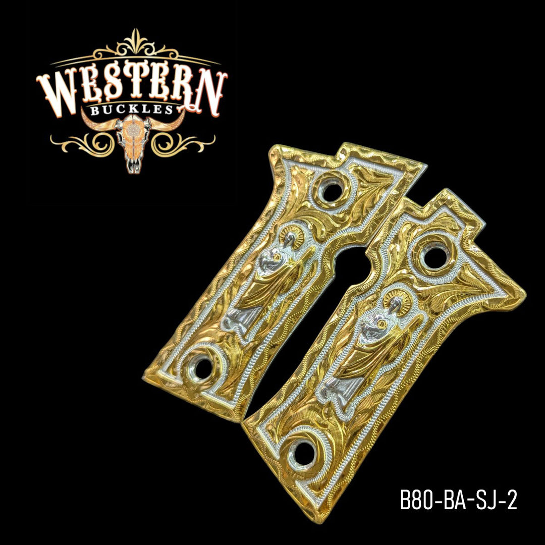 San Judas Custom Grips for the Beretta 80X — 24K Gold-Plated &amp; Artisan Resin &amp; Mother-of-Pearl