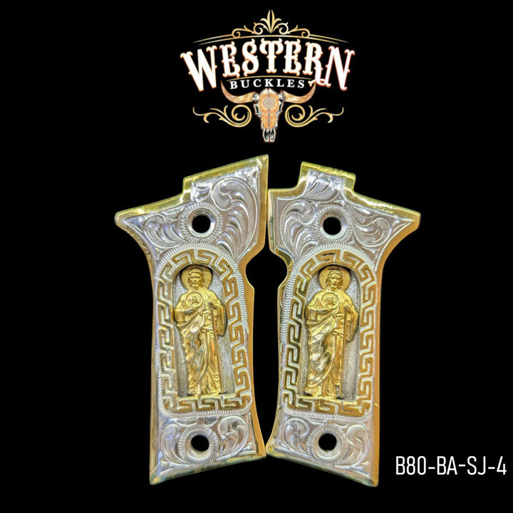 San Judas Custom Grips for the Beretta 80X — 24K Gold-Plated &amp; Silver-Plated &amp; Mother-of-Pearl