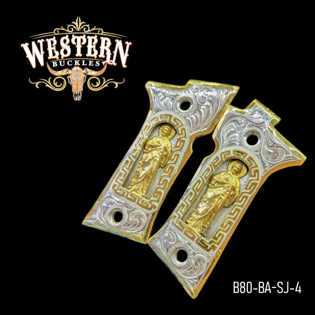 San Judas Custom Grips for the Beretta 80X — 24K Gold-Plated &amp; Silver-Plated &amp; Mother-of-Pearl