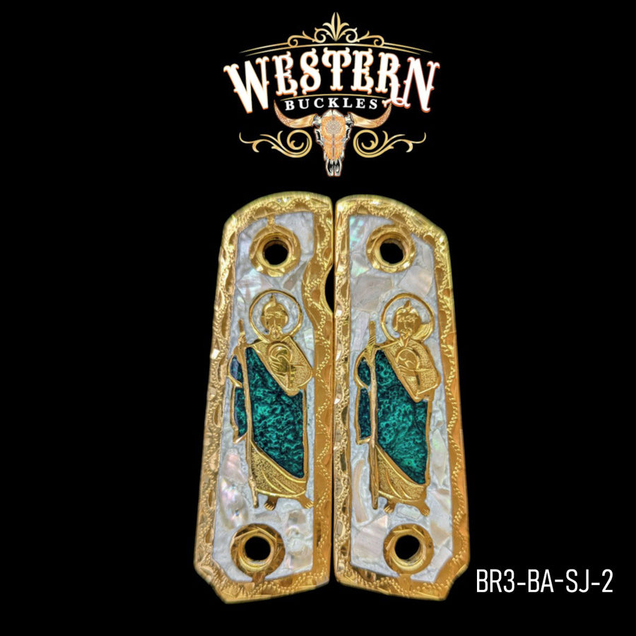 San Judas Custom Grips for the Browning 1911 / .380 / .22 — 24K Gold-Plated & Artisan Resin