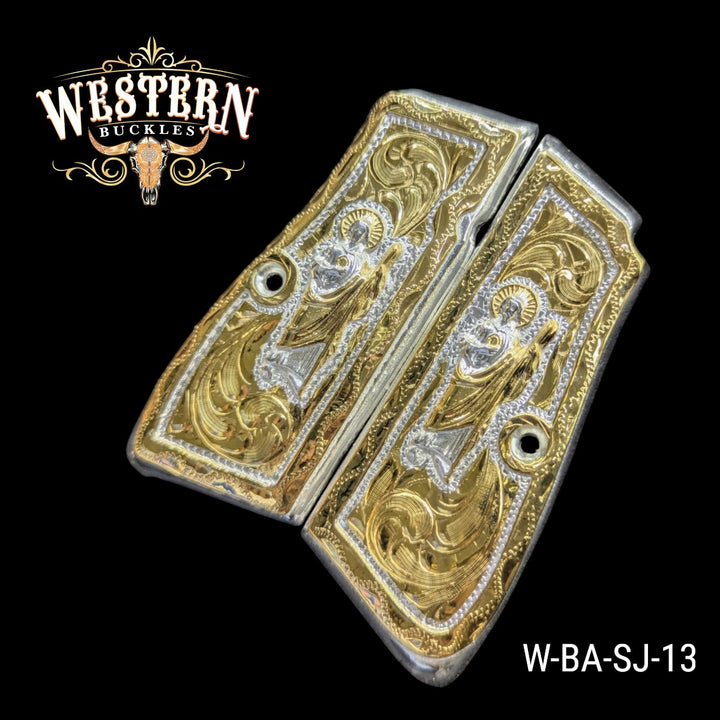 San Judas Custom Grips for the Browning Hi-Power — 24K Gold-Plated &amp; Silver-Plated &amp; Mother-of-Pearl