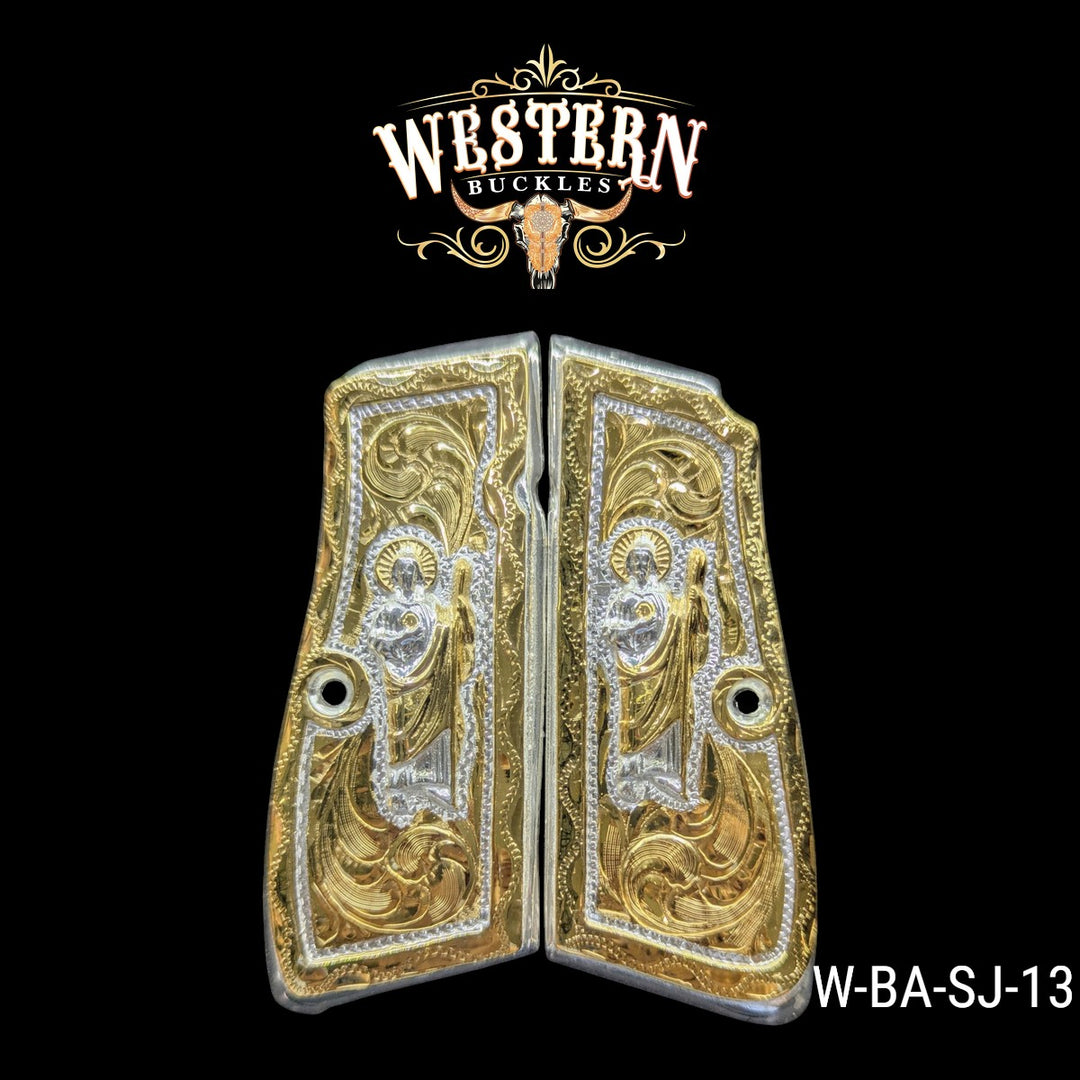 San Judas Custom Grips for the Browning Hi-Power — 24K Gold-Plated &amp; Silver-Plated &amp; Mother-of-Pearl