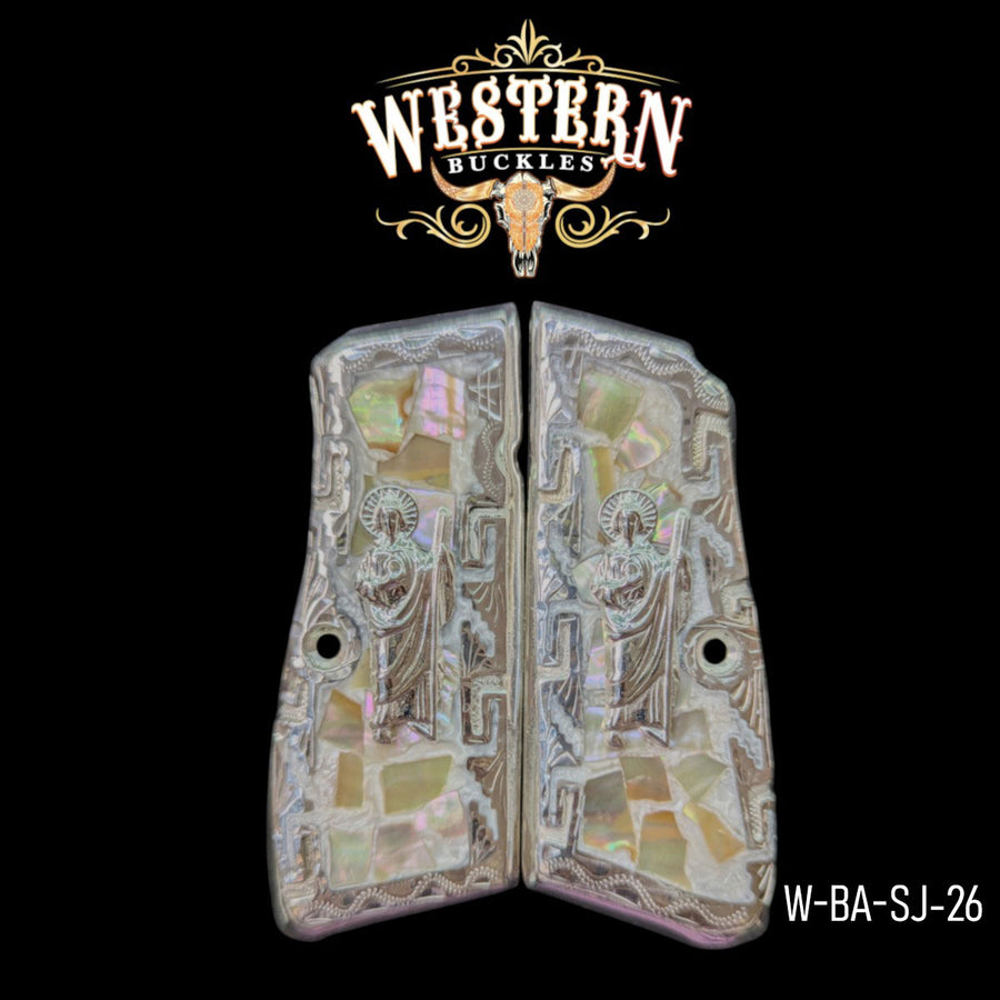 San Judas Custom Grips for the Browning Hi-Power — White Pearl Resin Silver-Plated
