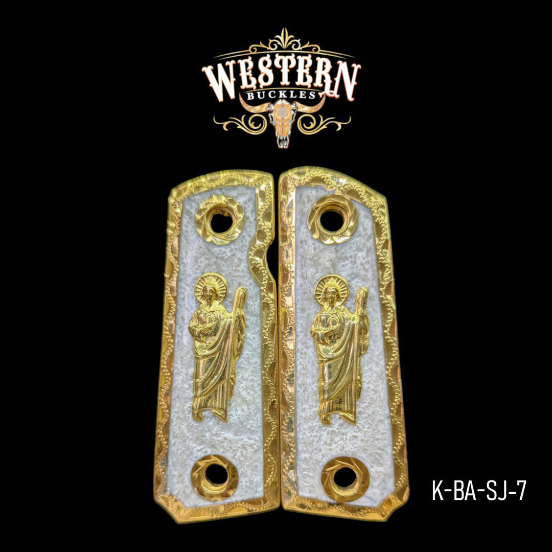 San Judas Custom Grips for the Colt 1911 Compact &amp; Defender — 24K Gold-Plated &amp; Artisan Resin