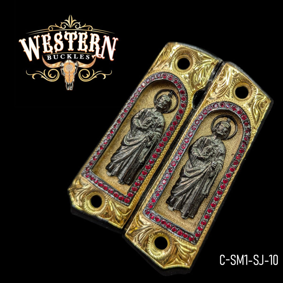 San Judas Custom Grips for Colt 1911 Full-Size — 24K Gold-Plated with Zirconia Stones