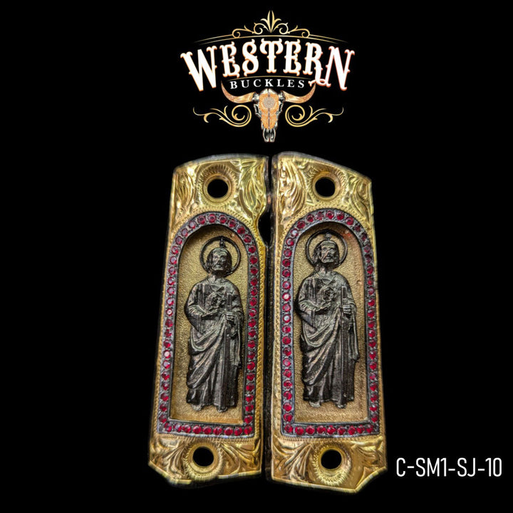 San Judas Custom Grips for Colt 1911 Full-Size — 24K Gold-Plated with Zirconia Stones