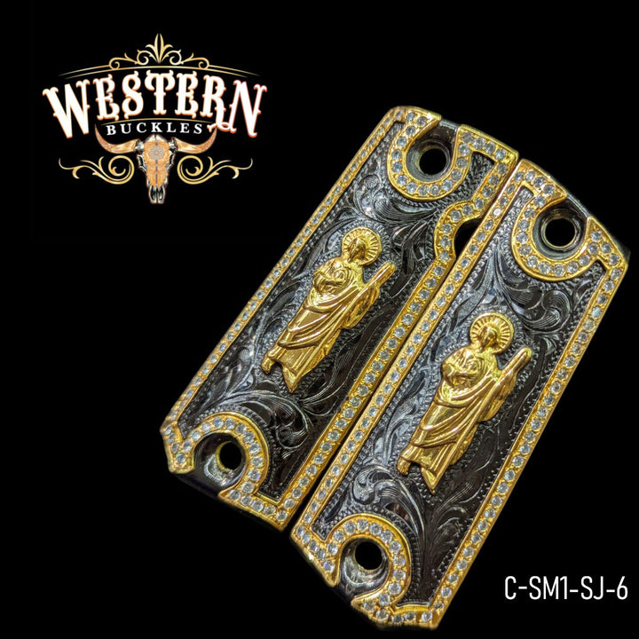 San Judas Grips for Colt 1911 Full-Size — 24K Gold-Plated, Full Zirconia Bezel