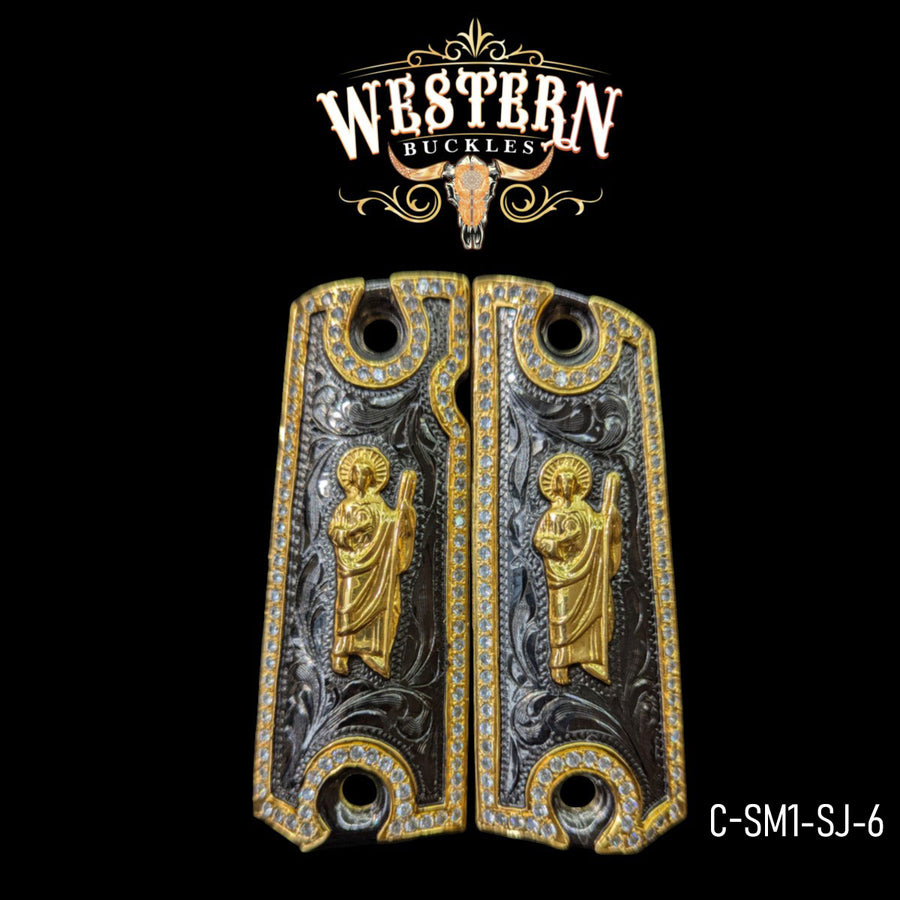 San Judas Grips for Colt 1911 Full-Size — 24K Gold-Plated, Full Zirconia Bezel