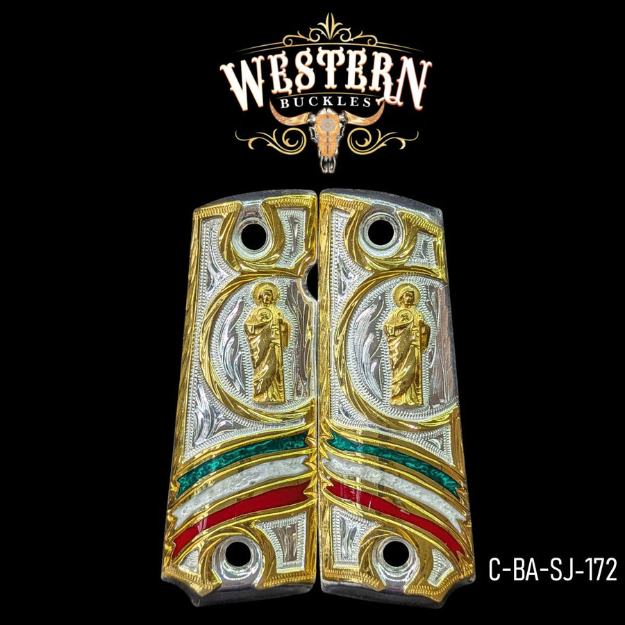 San Judas Custom Grips for Colt 1911 Full-Size — 24K Gold-Plated & Silver-Plated