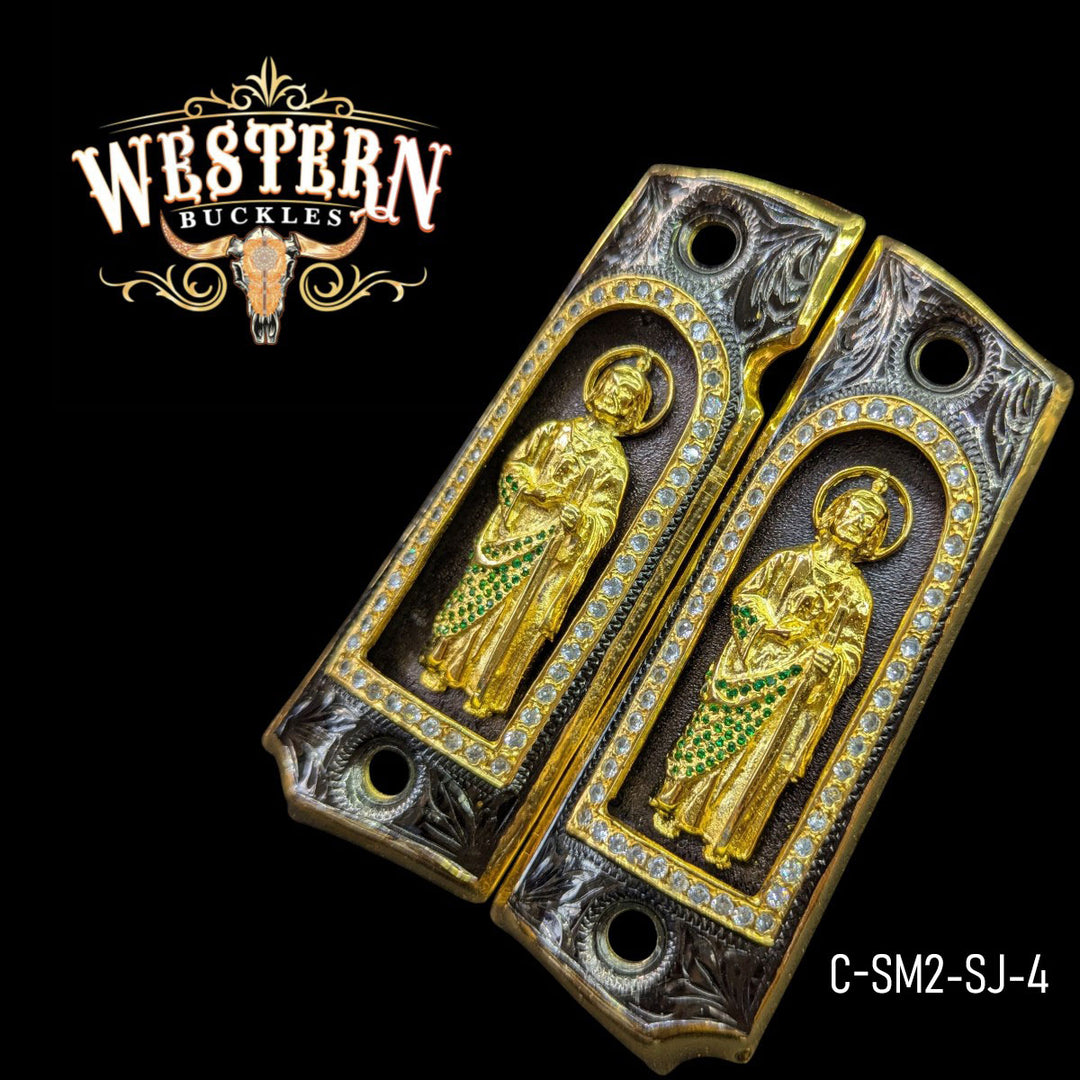 San Judas Custom Grips for Colt 1911 Full-Size — 24K Gold-Plated with Zirconia Stones