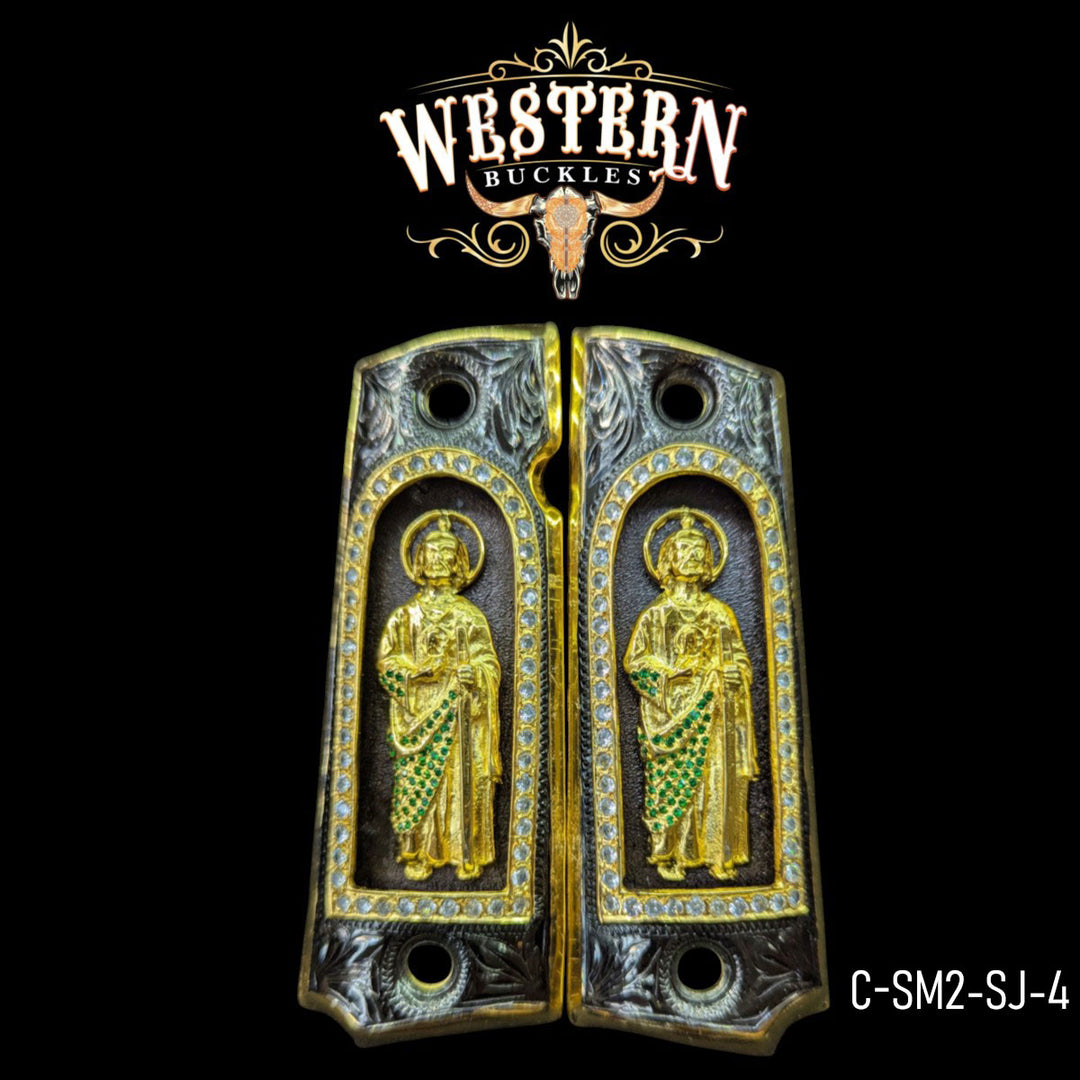 San Judas Custom Grips for Colt 1911 Full-Size — 24K Gold-Plated with Zirconia Stones