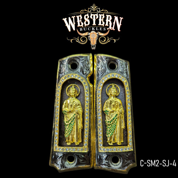 San Judas Custom Grips for Colt 1911 Full-Size — 24K Gold-Plated with Zirconia Stones