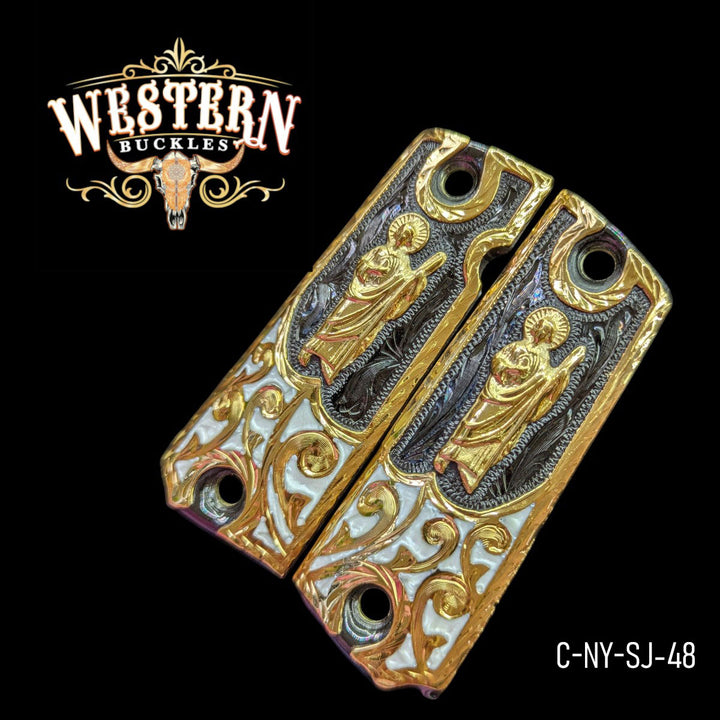 San Judas Grips for Colt 1911 Full-Size — Gold-Plated &amp; Pearl Resin