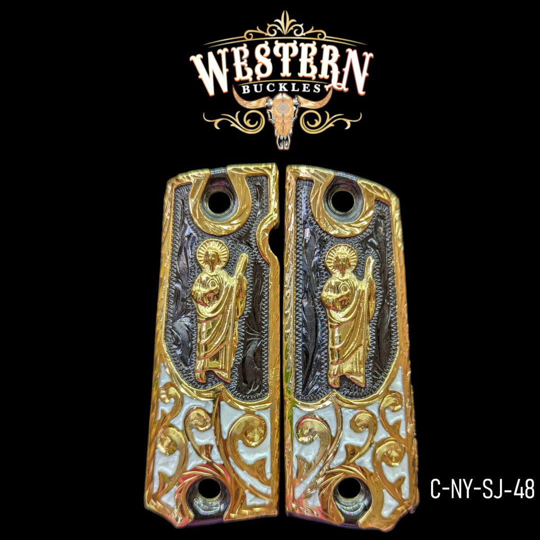 San Judas Grips for Colt 1911 Full-Size — Gold-Plated & Pearl Resin