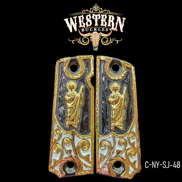 San Judas Grips for Colt 1911 Full-Size — Gold-Plated &amp; Pearl Resin