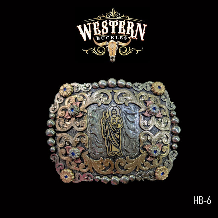 San Judas Trophy Belt Buckle- Gold, Silver and Rose Gold-The Western Buckles
