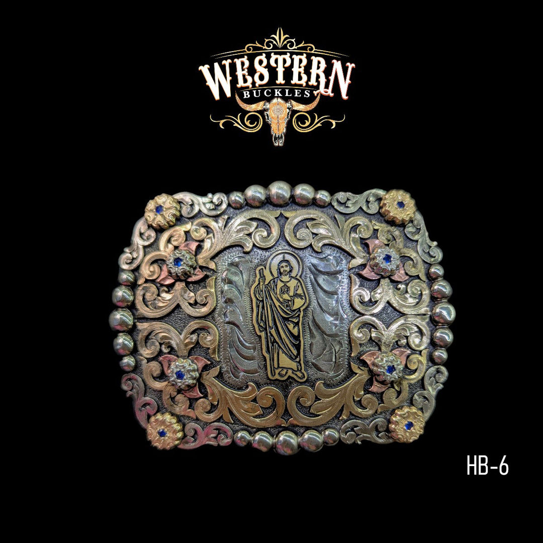 San Judas Trophy Belt Buckle- Gold, Silver and Rose Gold-The Western Buckles