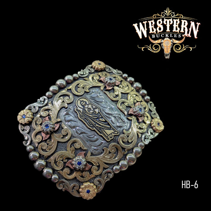 San Judas Trophy Belt Buckle- Gold, Silver and Rose Gold-The Western Buckles