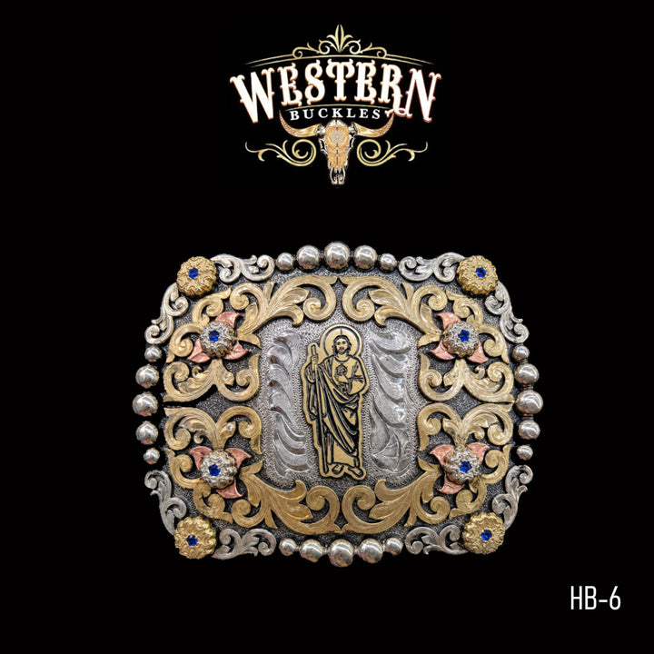 San Judas Trophy Belt Buckle · Blue Stones-The Western Buckles