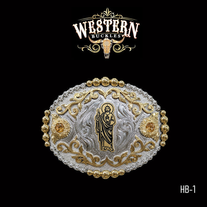 San Judas Trophy Belt Buckle · Brass &amp; German Silver-The Western Buckles