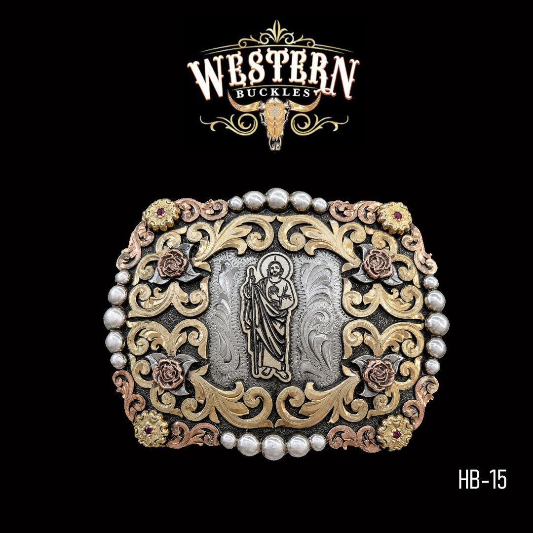 San Judas Trophy Belt Buckle · Copper Roses-The Western Buckles