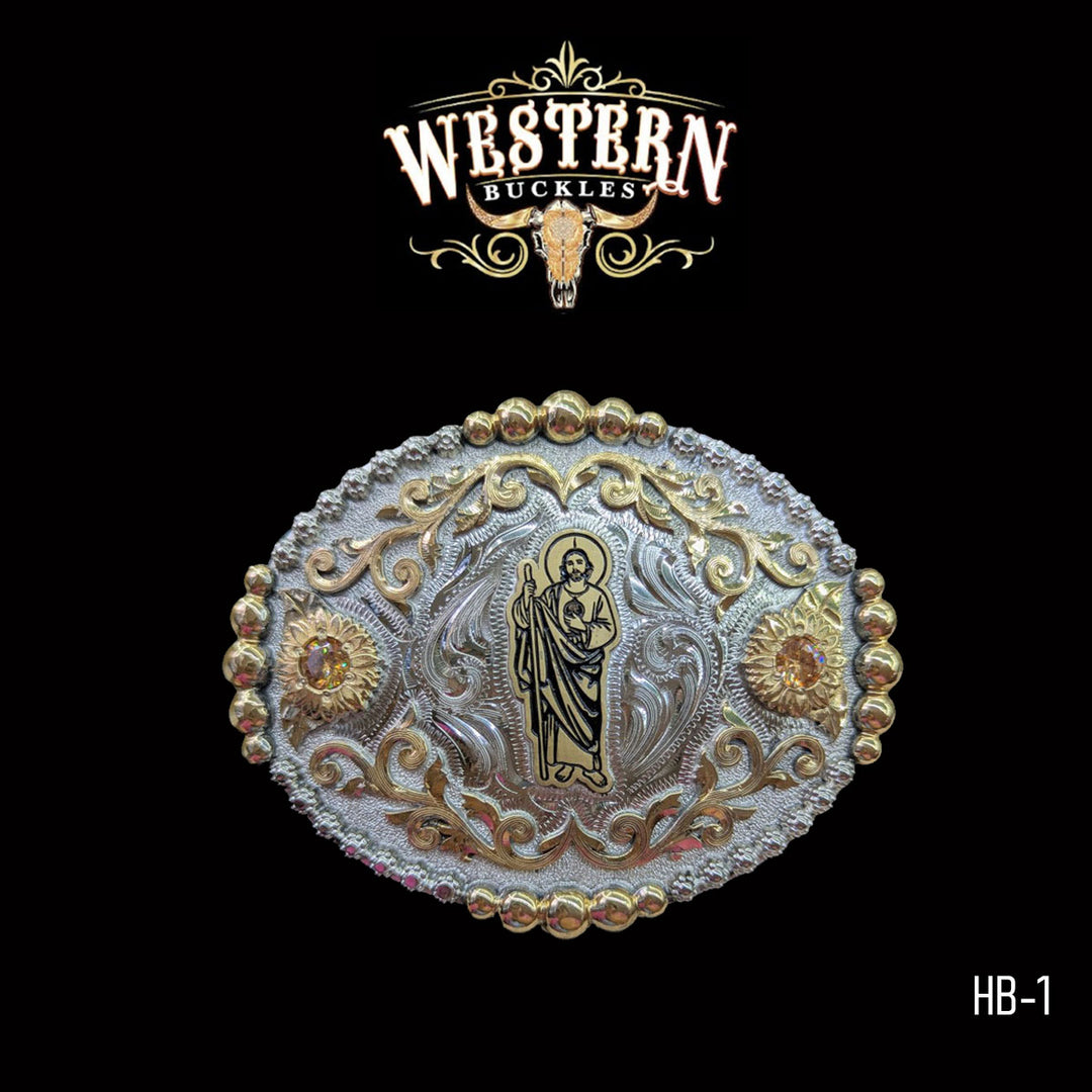 San Judas Trophy Belt Buckle – Gold and Silver-The Western Buckles