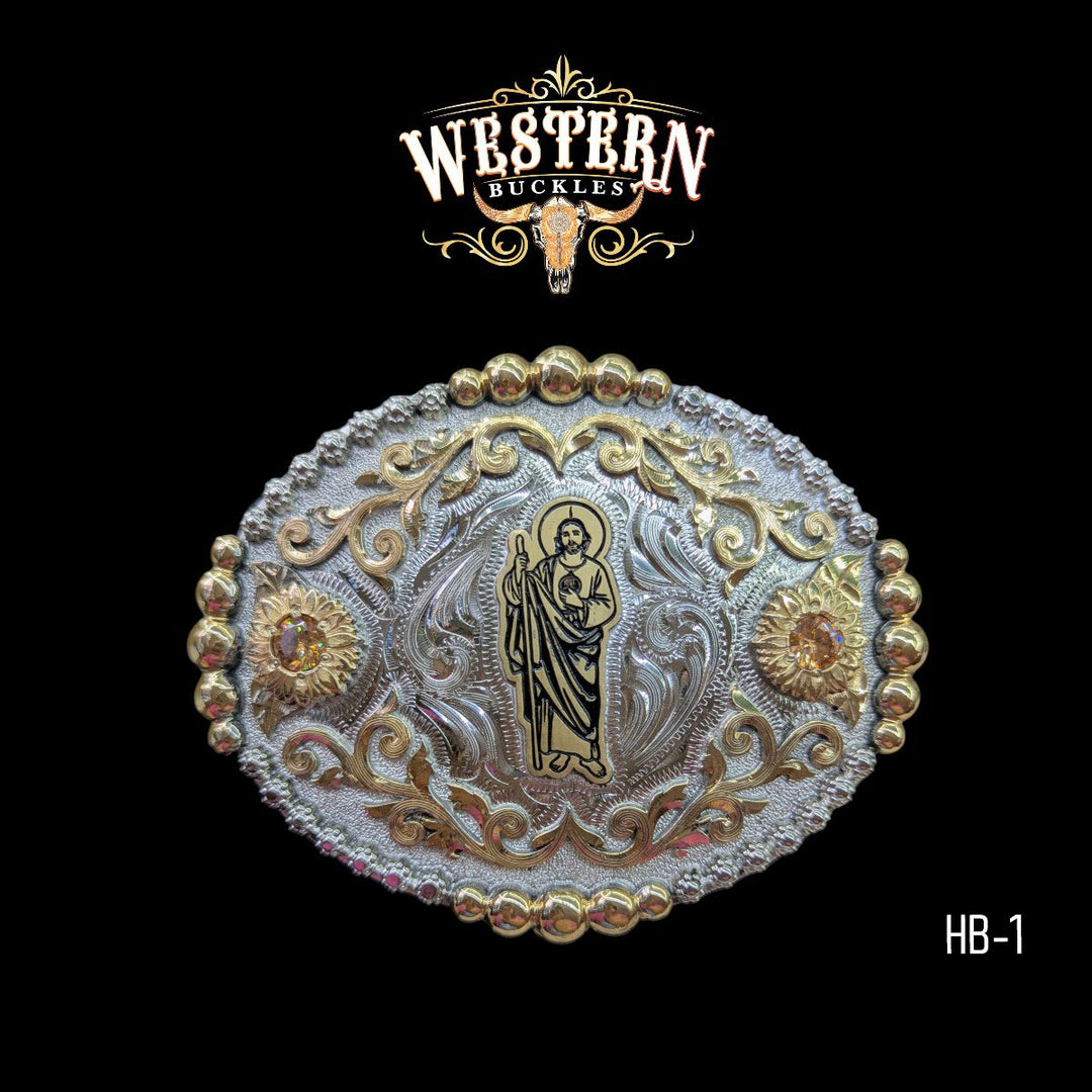 San Judas Trophy Belt Buckle – Gold and Silver-The Western Buckles