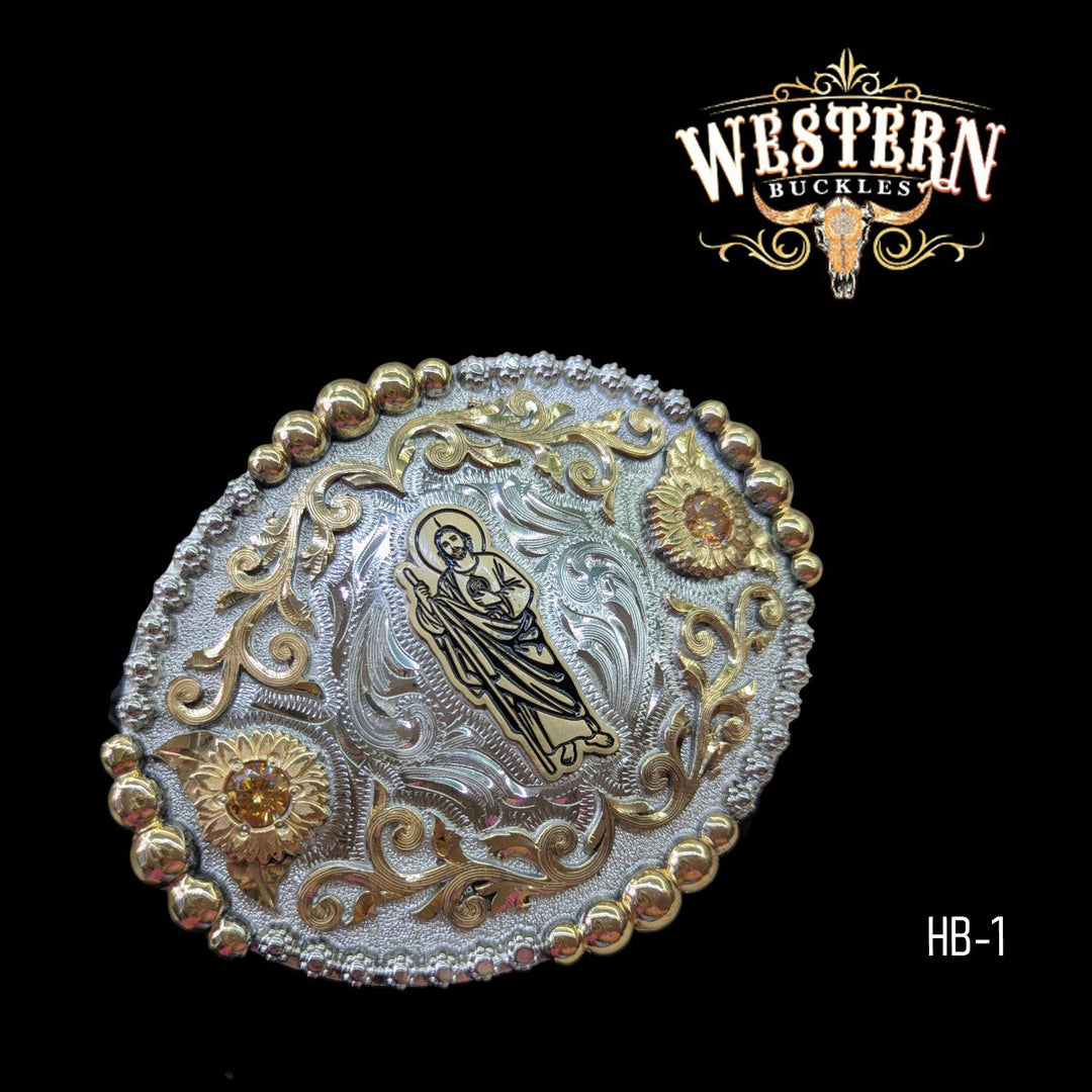 San Judas Trophy Belt Buckle – Gold and Silver-The Western Buckles