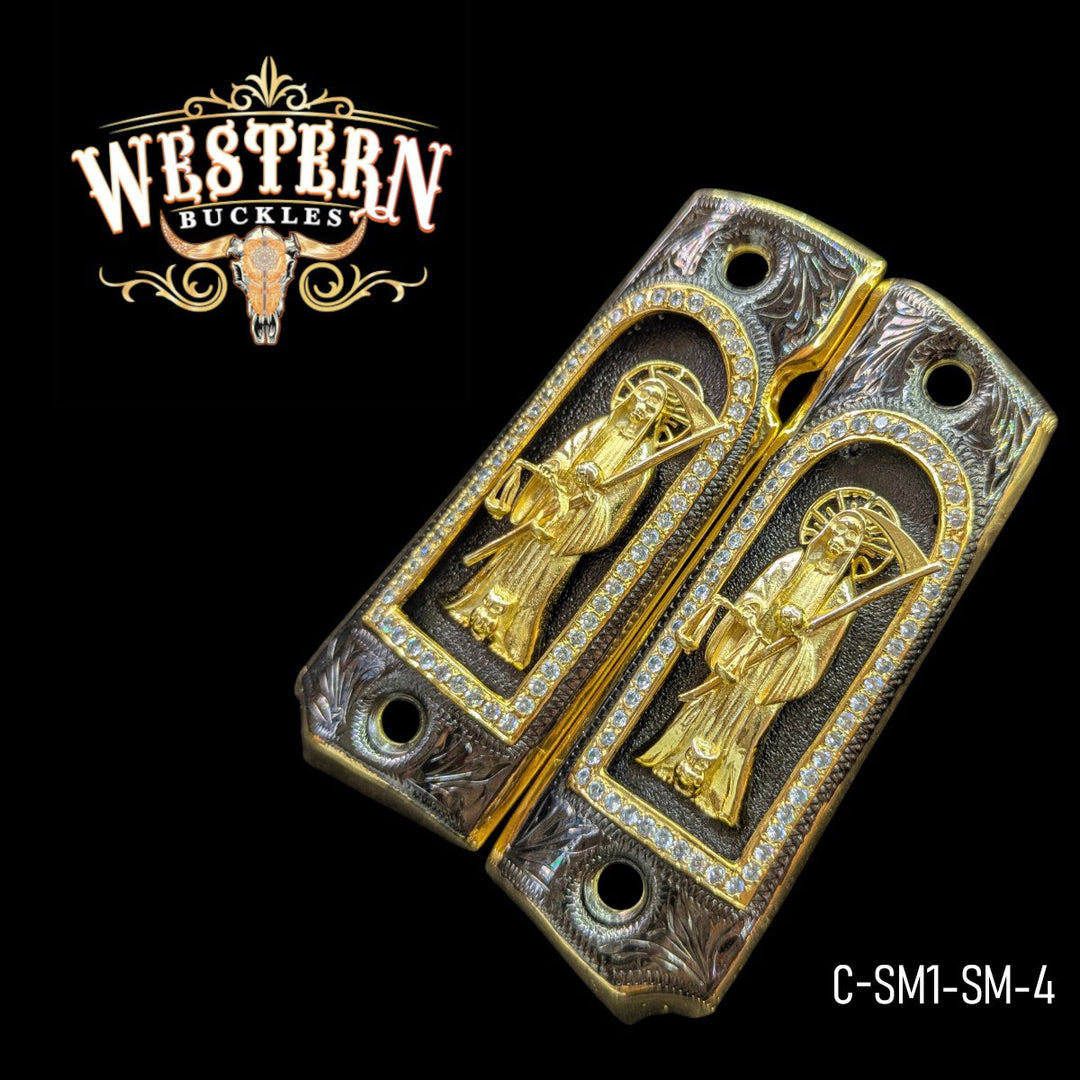Santa Muerte Custom Grips for Colt 1911 Full-Size — 24K Gold-Plated with Zirconia Stones