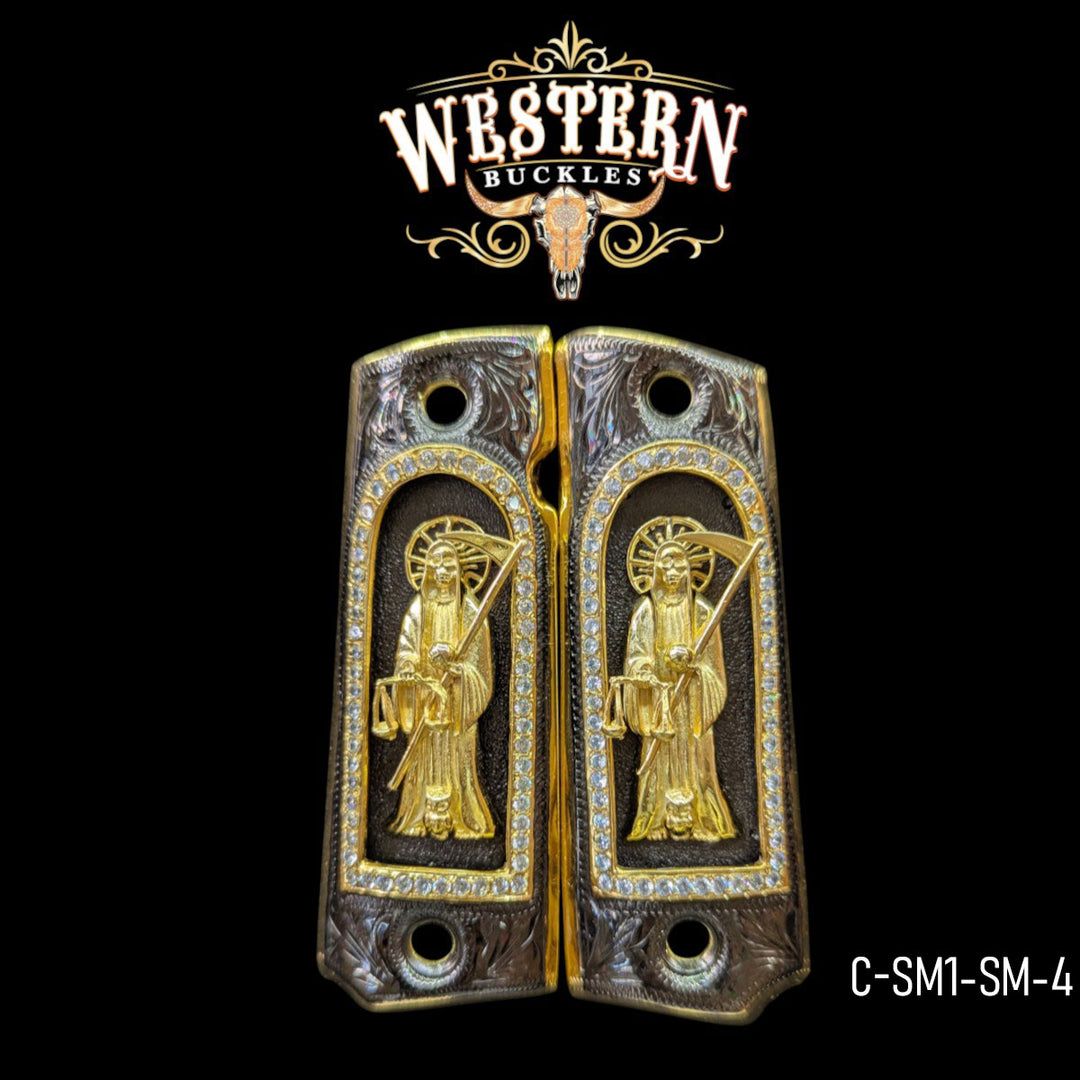 Santa Muerte Custom Grips for Colt 1911 Full-Size — 24K Gold-Plated with Zirconia Stones
