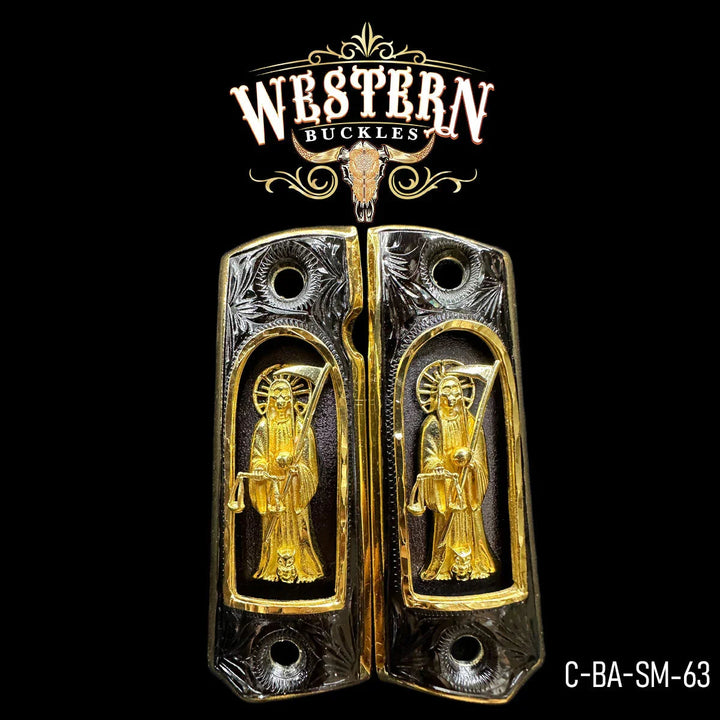 Santa Muerte Custom Grips for the Colt 1911 Full-Size — 24K Gold-Plated &amp; Black Nickel